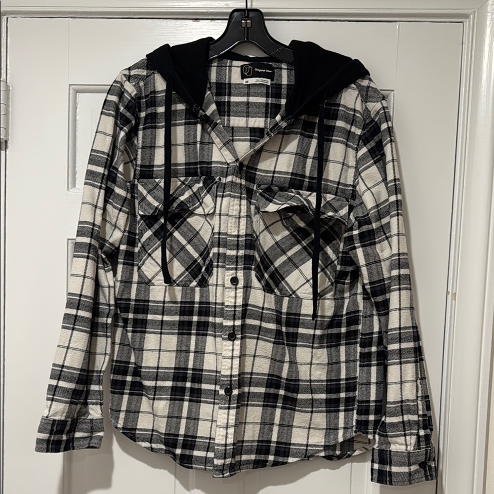 Black and White Plaid checkered men’s shirt Casual Button Down hoodie